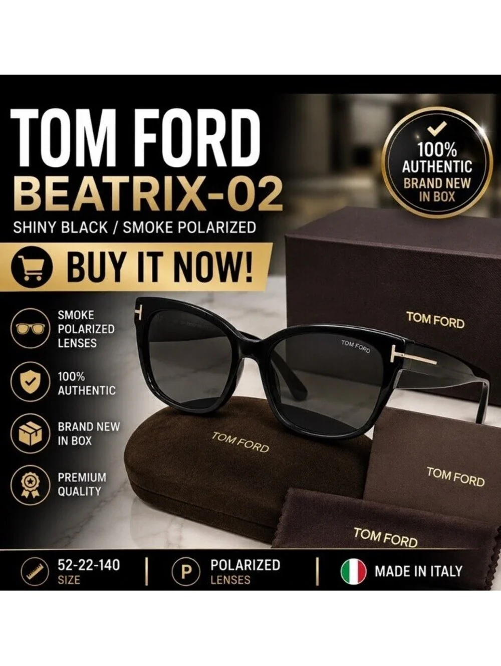 Brand new TOM FORD Beatrix-02 FT0613/S 01D Square Polarized Sunglasses 52-22-140